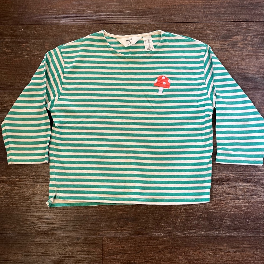 H&M Kids Green and White Striped Long Sleeve Tee with Mushroom